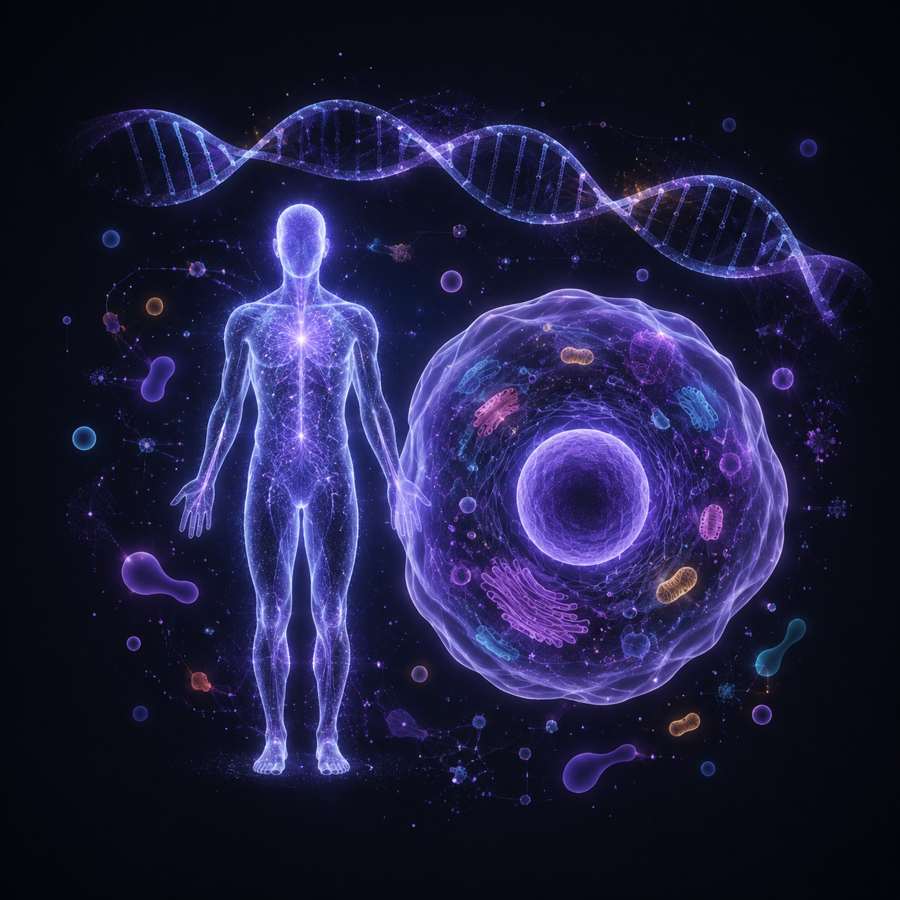Human biology seen at three scales: the body, the cell and DNA